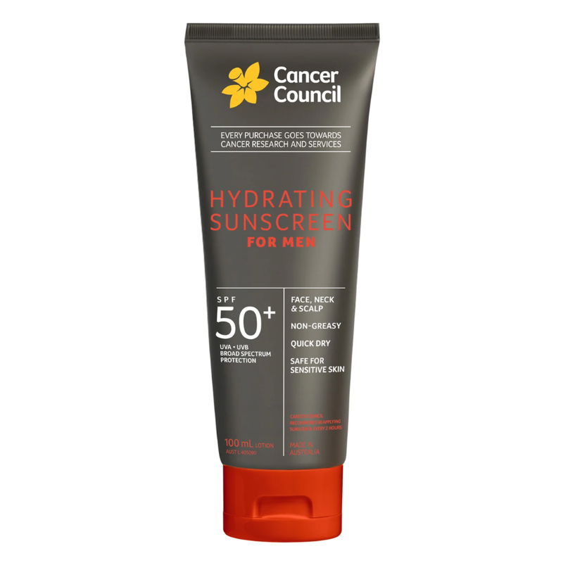 CANCER COUNCIL 100mL SUNSCREEN HYDRATING FOR MEN FACE NECK AND SCALP SPF 50+