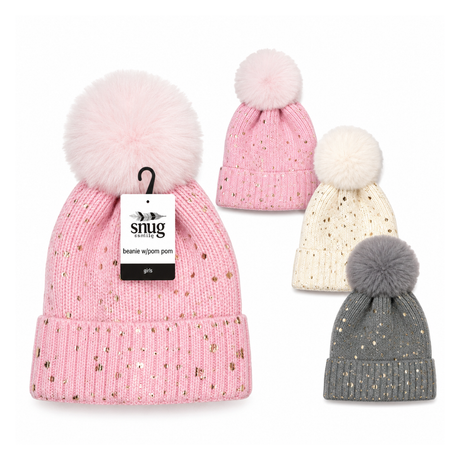 Kids pom pom splatter knit beanie free size winter hat