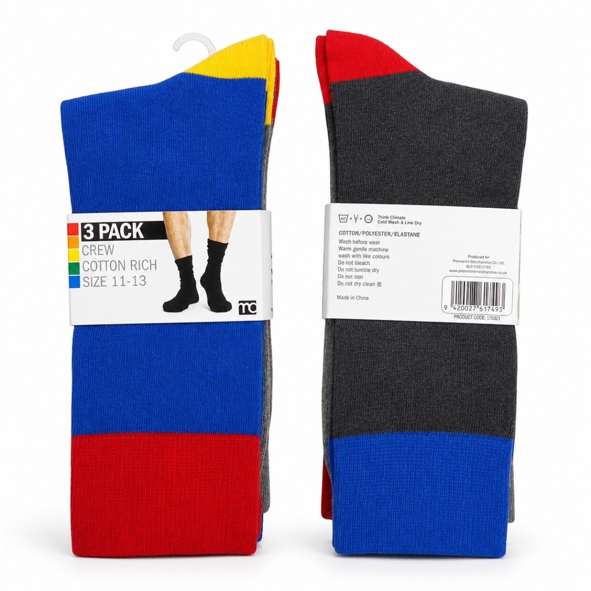 3 Pack Crew Cotton Rich Socks – Size 11-13