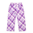 Purple and white plaid pajama pants on a white background