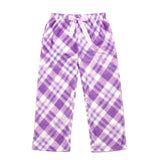 Purple and white plaid pajama pants on a white background