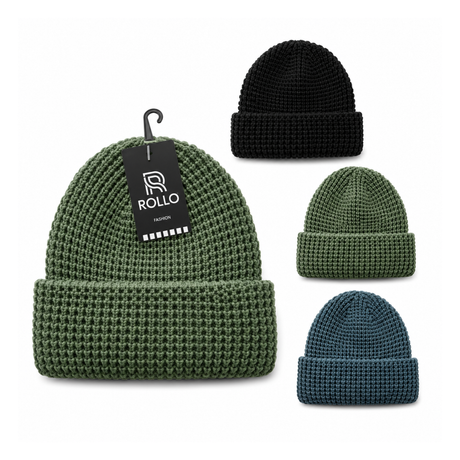 Men’s waffle knit beanie with fold-over cuff for winter