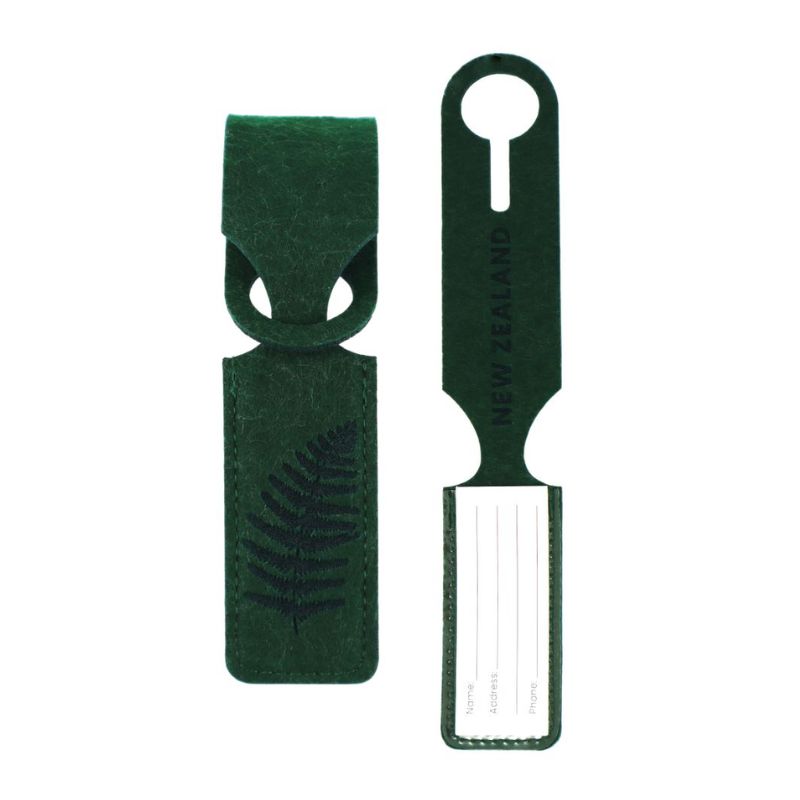 NZ felt luggage tag made from recycled PET felt featuring Tiki Kowhai and Fern designs