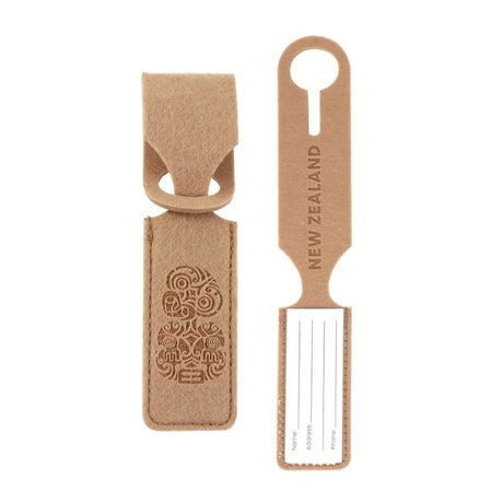 NZ felt luggage tag made from recycled PET felt featuring Tiki Kowhai and Fern designs