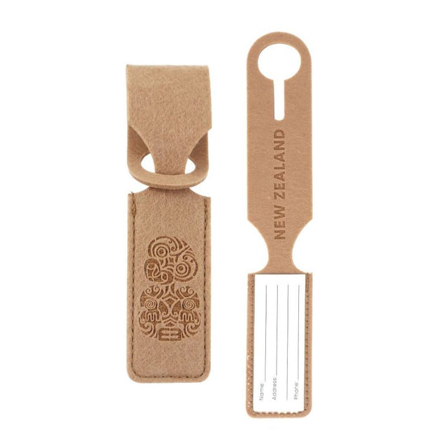 NZ felt luggage tag made from recycled PET felt featuring Tiki Kowhai and Fern designs