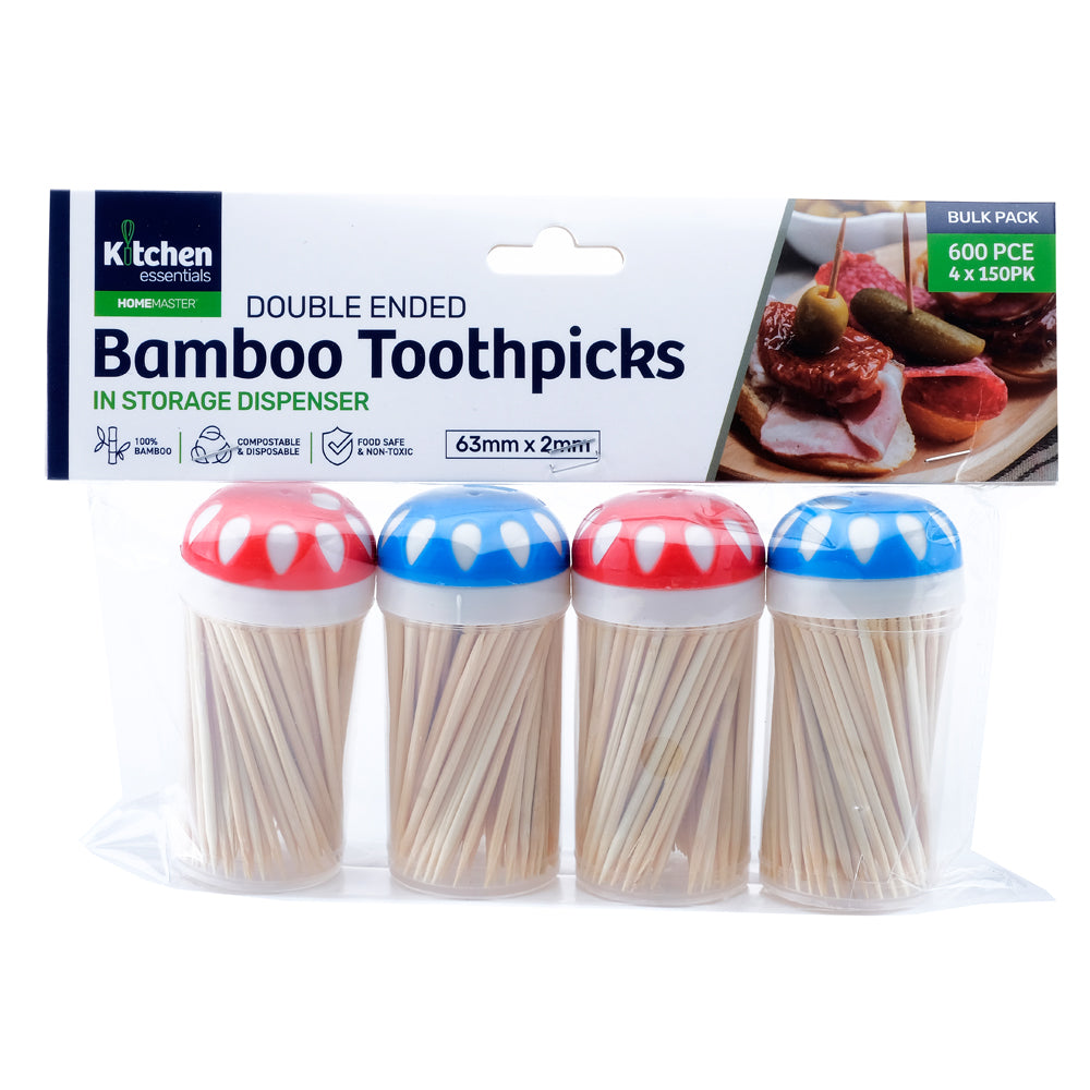 Bamboo Toothpicks in Dispenser - Includes 4 Packs of 150pcs - 600pc - 6.3cm x 2mm