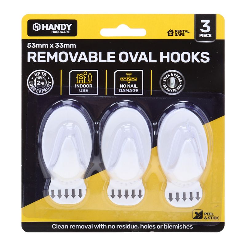 Removable Hooks Oval Plastic 53mm x 33mm 3pk (Holding Weight 2kg)