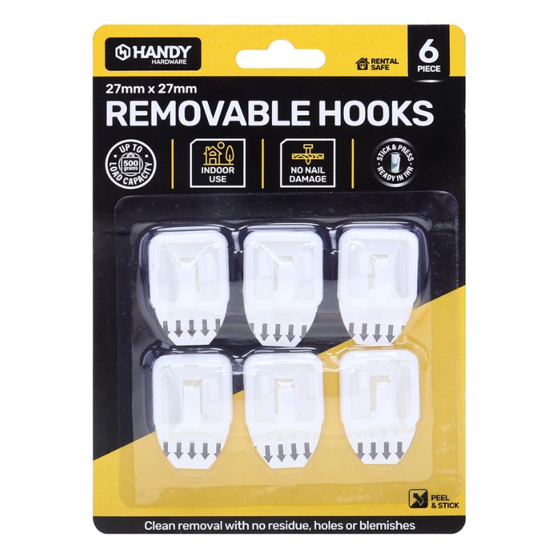 Removable Hooks Square Plastic 27mm x 27mm 6pk (Holding Weight 500g)