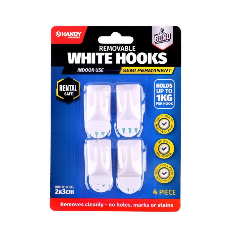 Removable Hooks Plastic 30mm x 20mm 4pk (Holding Weight 1kg)