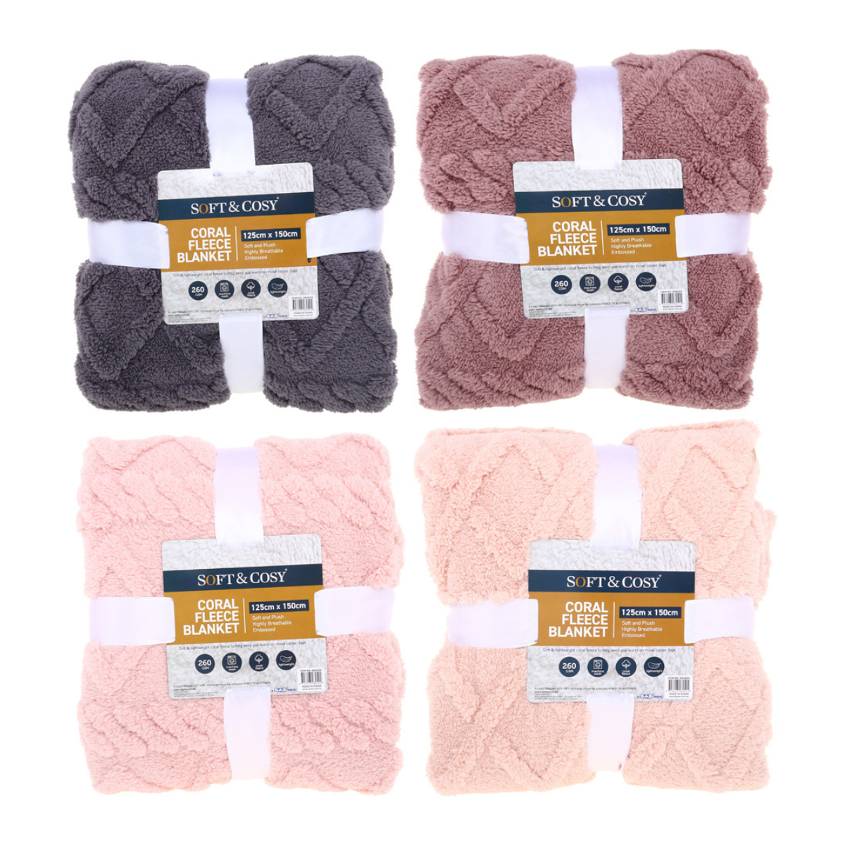 BLANKET CORAL FLEECE EMBOSSED 125CM X 150CM ASSORTED COLOURS