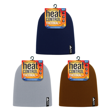 BEANIE ADULTS HEAT CONTROL THERMAL LINED BASIC KNIT 3 ASST COLOURS GREY BROWN AND NAVY