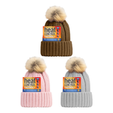 BEANIE WOMENS HEAT CONTROL THERMAL LINED POM POM CHUNKY RIBBED BROWN GREY AND PINK