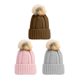 BEANIE WOMENS HEAT CONTROL THERMAL LINED POM POM CHUNKY RIBBED BROWN GREY AND PINK