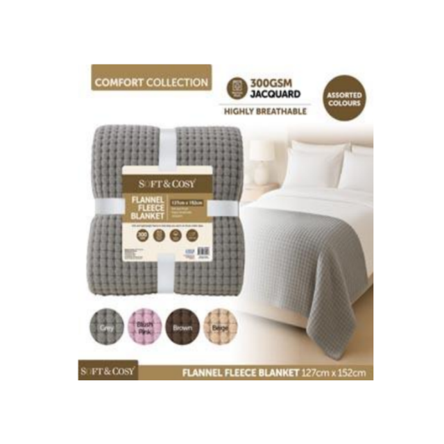 BLANKET FLANNEL FLEECE JACQUARD 127CM X 152CM ASSORTED COLOURS