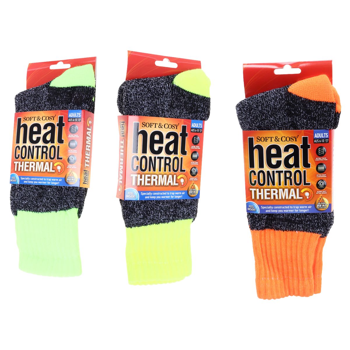 Men’s Heat Control Thermal Crew Socks – 3 Assorted Colours with Fluro Trim