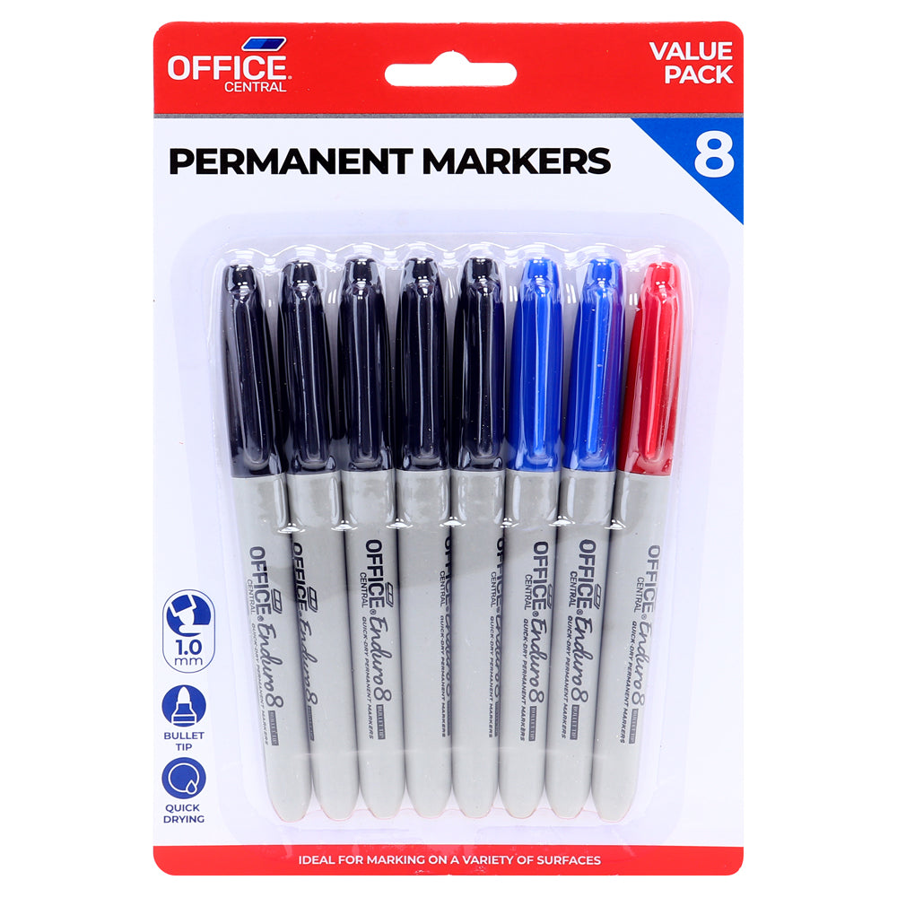 Permanent Markers 8pk – Black, Blue & Red
