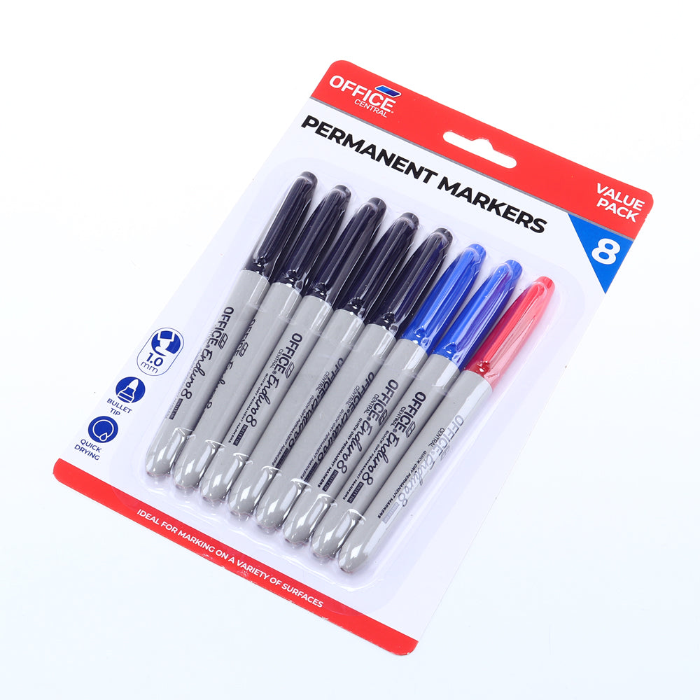 Permanent Markers 8pk – Black, Blue & Red