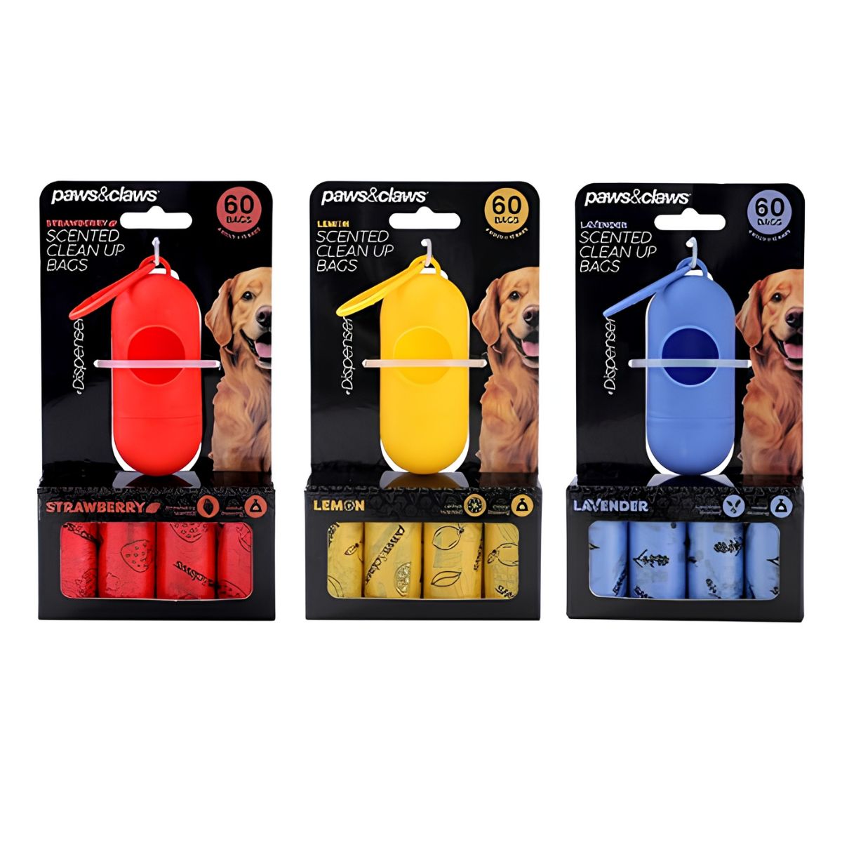 Scented dog poop bags with dispenser 60 pack in strawberry lemon and lavender scents