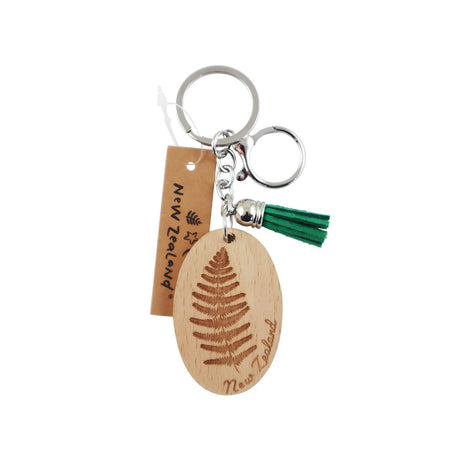 Wooden New Zealand keyring with etched silver fern design 60mm