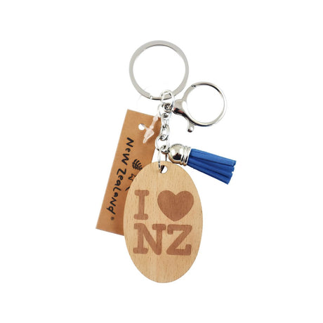 Wooden New Zealand keyring with etched I Heart NZ design 60mm