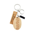 Wooden New Zealand keyring with etched Kowhai flower design 60mm