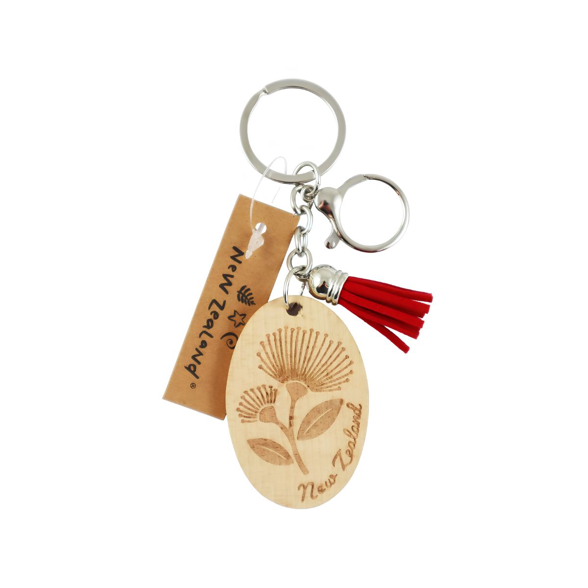 Wooden New Zealand keyring with etched Pohutukawa design 60mm