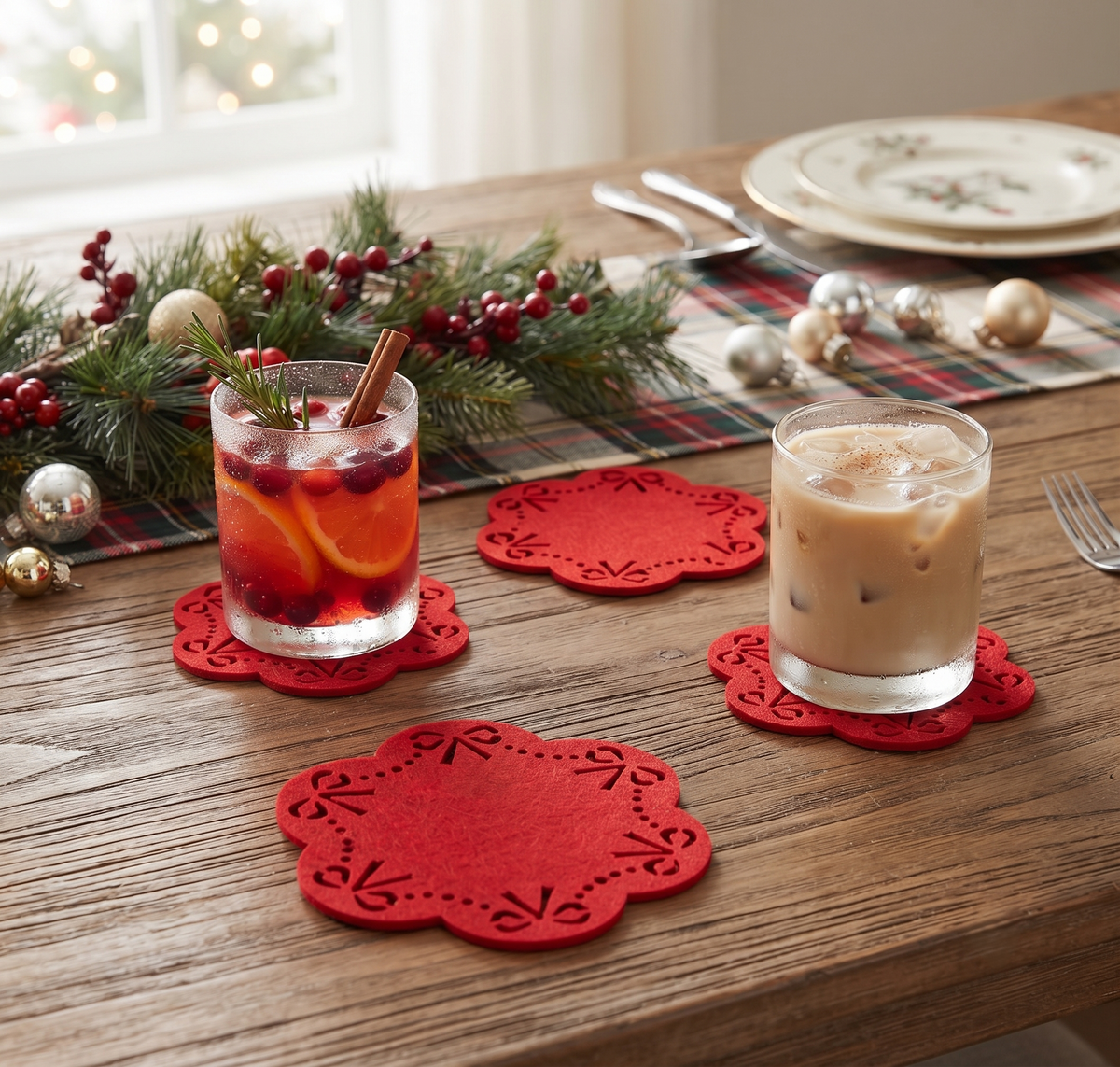 Christmas Bow Felt Coasters 4 Pack - 10x10cm