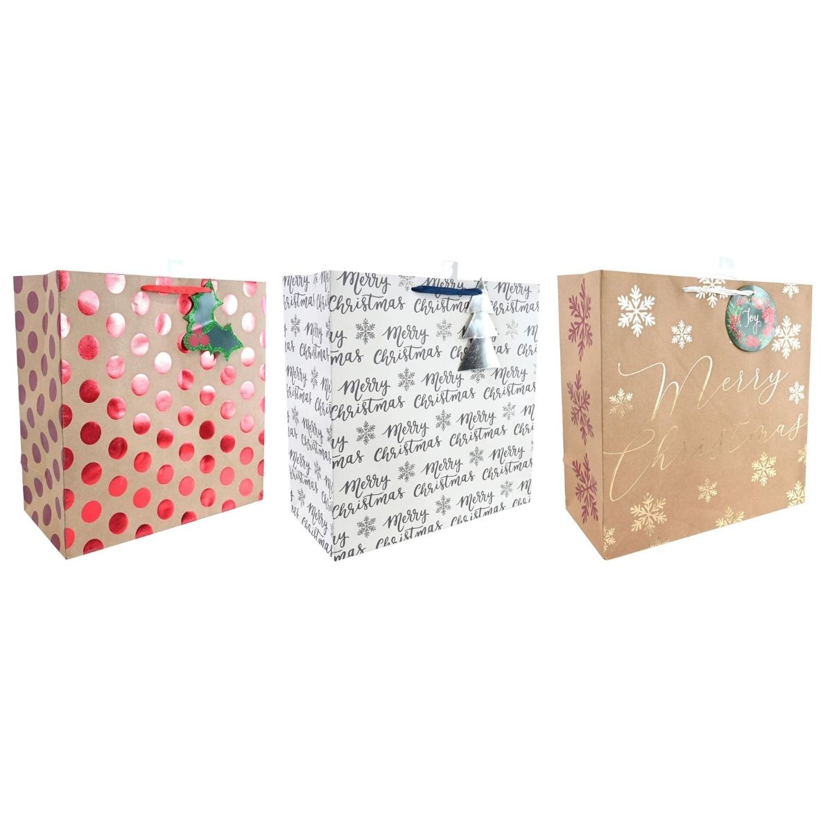 XL Square Kraft Christmas Gift Bag Foil Glitter Assorted - 38x18x38cm