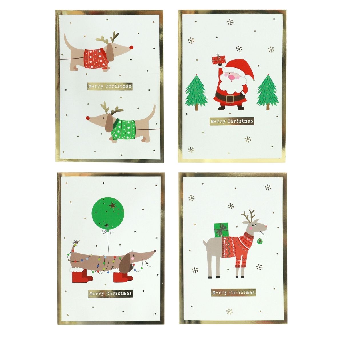 Cartoon Gold Frame Foiled Christmas Cards 6 Pack