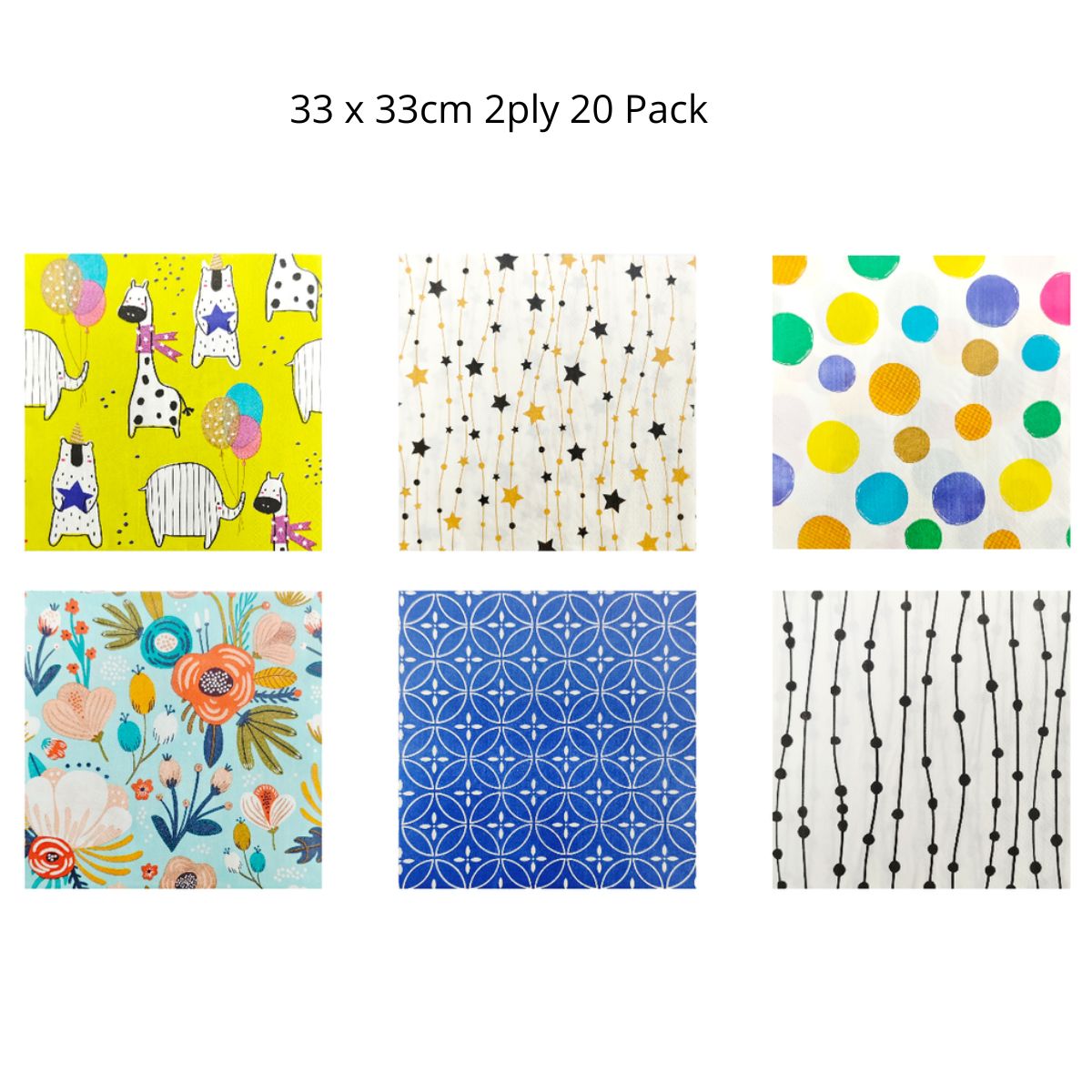 Printed Napkin 33 x 33cm 2-Ply 20 Pack 6 Assorted