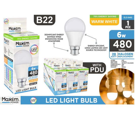 1pce Bulb 6W LED Light Warm White B22 image 0