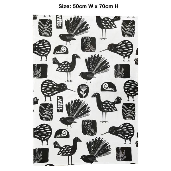 Tea Towel NZ Birds Black on White image 0