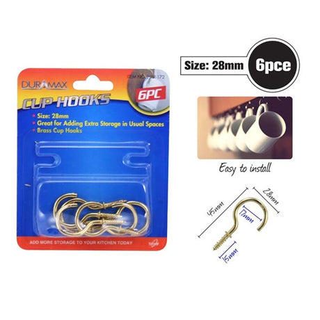 6pce Cup Hooks-28mm-Brass image 0