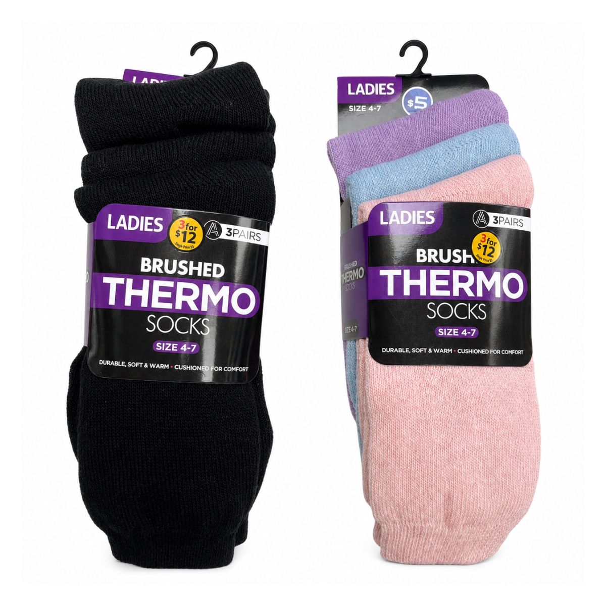 3 Pair Ladies Brushed Thermal Socks – Size 4-7